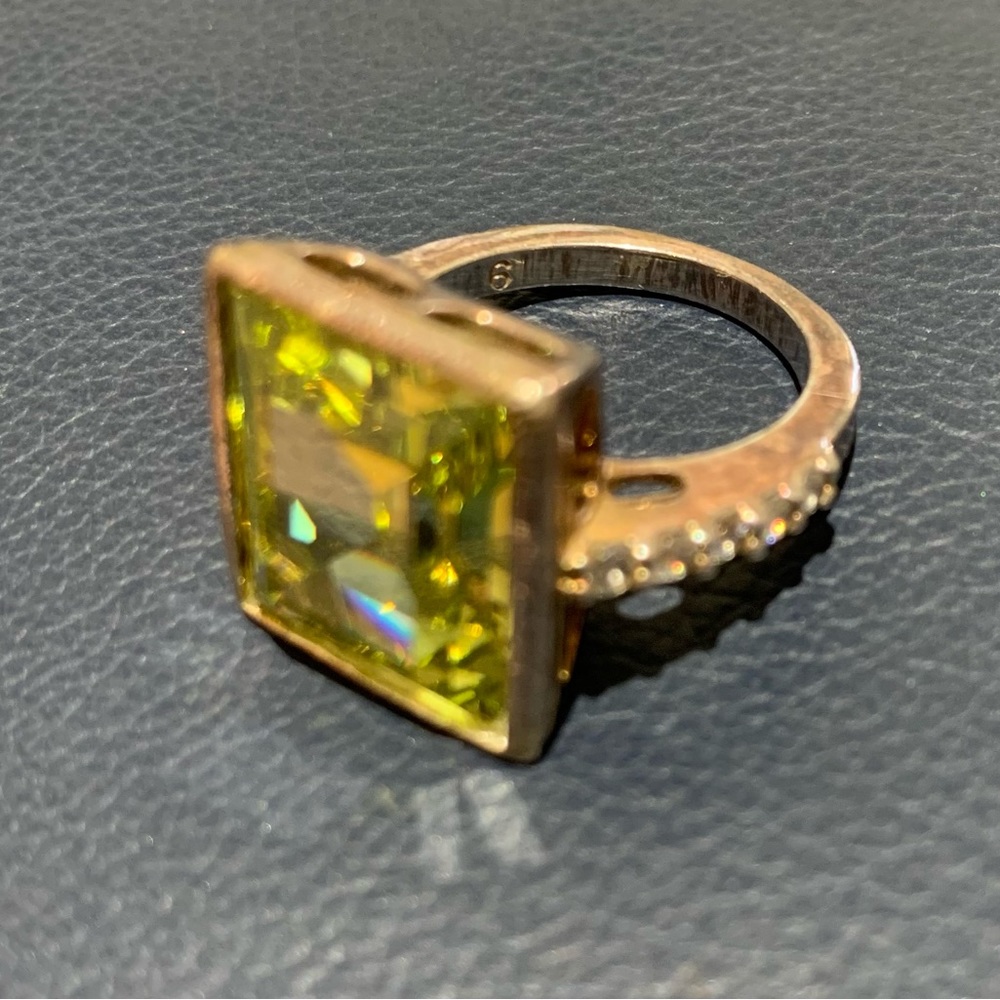 Vintage Cocktail Ring Green Stone with Crystal Accents